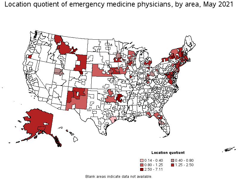 Map of location quotient of emergency medicine physicians by area, May 2021