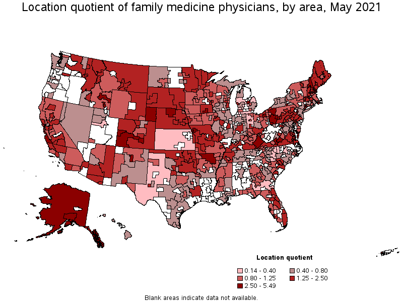 Map of location quotient of family medicine physicians by area, May 2021