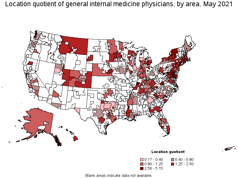 Map of location quotient of general internal medicine physicians by area, May 2021