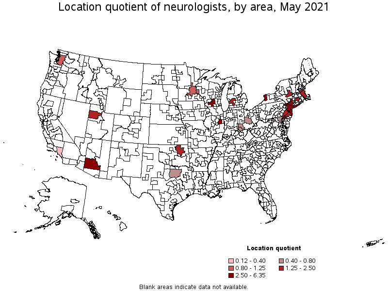 Map of location quotient of neurologists by area, May 2021