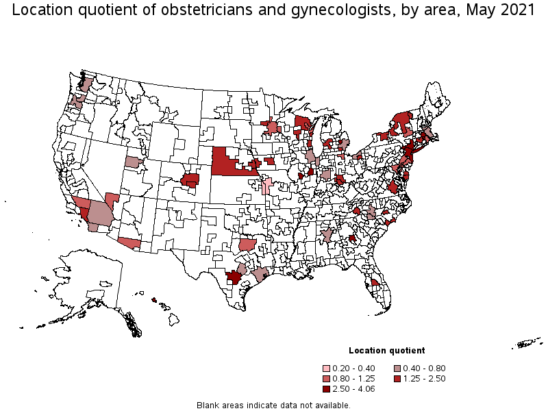 Map of location quotient of obstetricians and gynecologists by area, May 2021