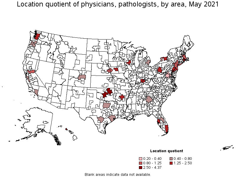 Map of location quotient of physicians, pathologists by area, May 2021