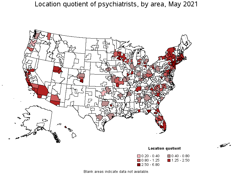 Map of location quotient of psychiatrists by area, May 2021