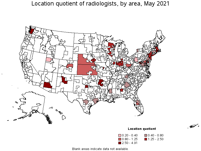 Map of location quotient of radiologists by area, May 2021