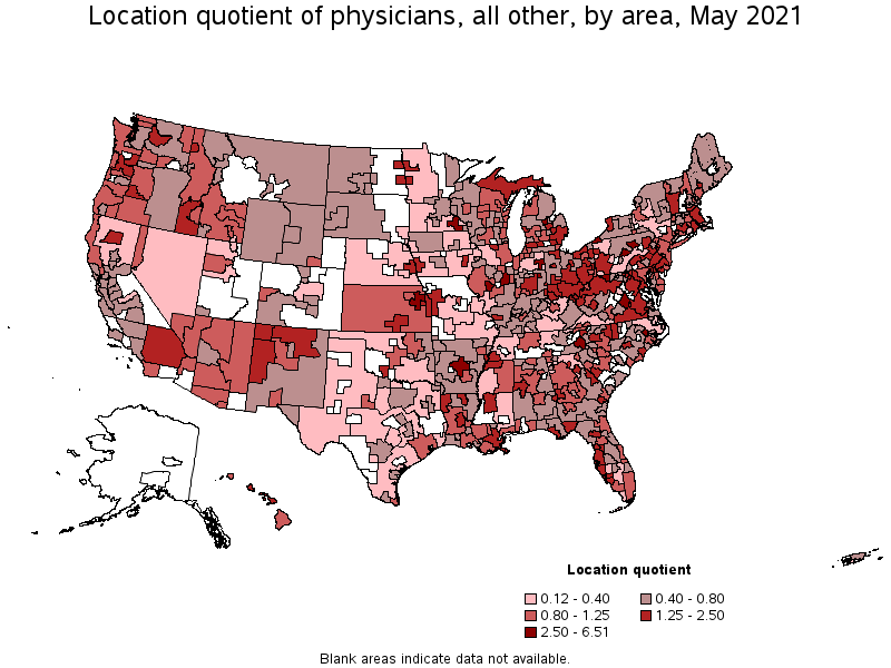 Map of location quotient of physicians, all other by area, May 2021