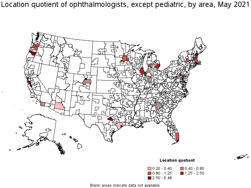 Map of location quotient of ophthalmologists, except pediatric by area, May 2021