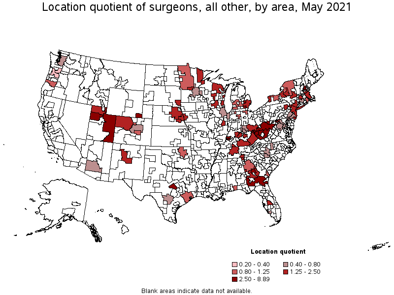 Map of location quotient of surgeons, all other by area, May 2021