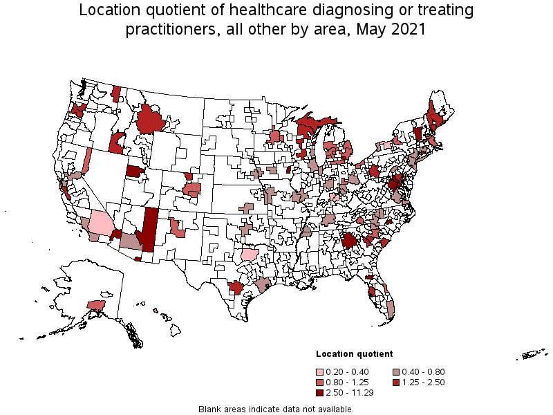 Map of location quotient of healthcare diagnosing or treating practitioners, all other by area, May 2021