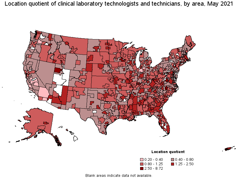 Map of location quotient of clinical laboratory technologists and technicians by area, May 2021