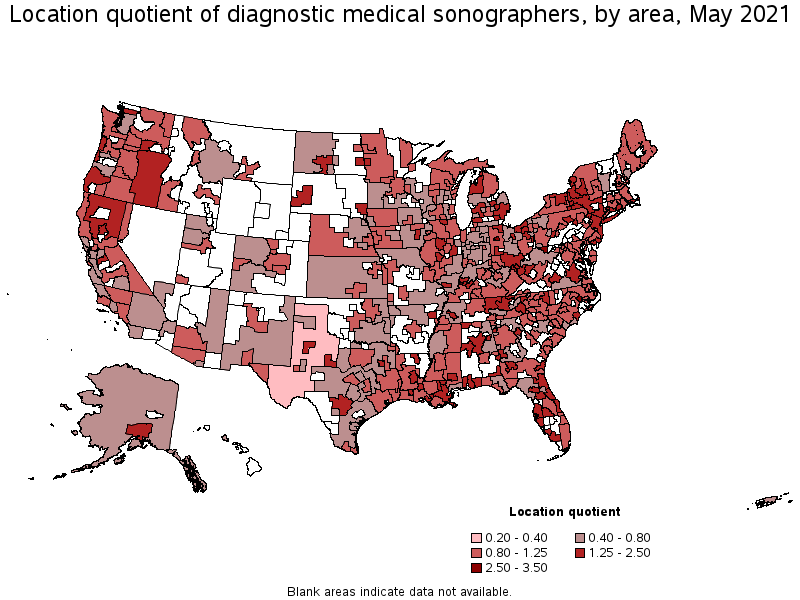 Map of location quotient of diagnostic medical sonographers by area, May 2021