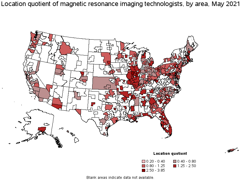 Map of location quotient of magnetic resonance imaging technologists by area, May 2021