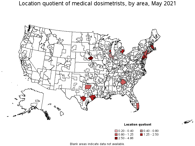Map of location quotient of medical dosimetrists by area, May 2021
