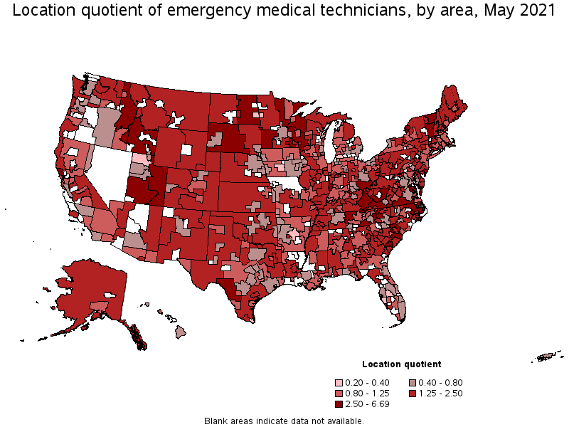 Map of location quotient of emergency medical technicians by area, May 2021