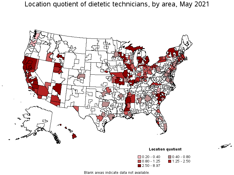 Map of location quotient of dietetic technicians by area, May 2021