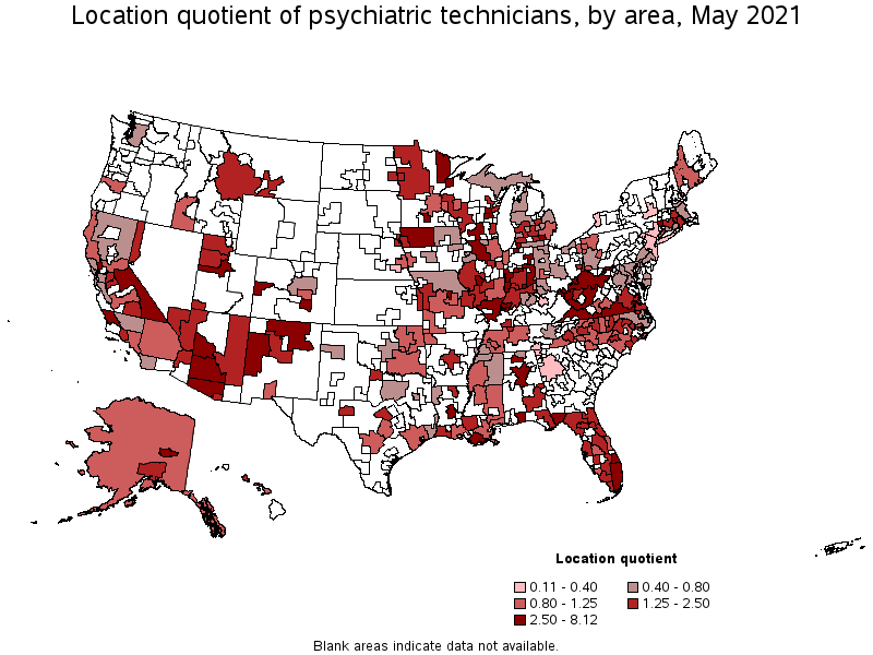 Map of location quotient of psychiatric technicians by area, May 2021