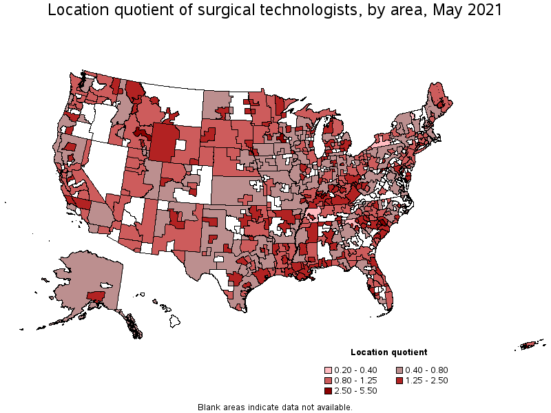 Map of location quotient of surgical technologists by area, May 2021