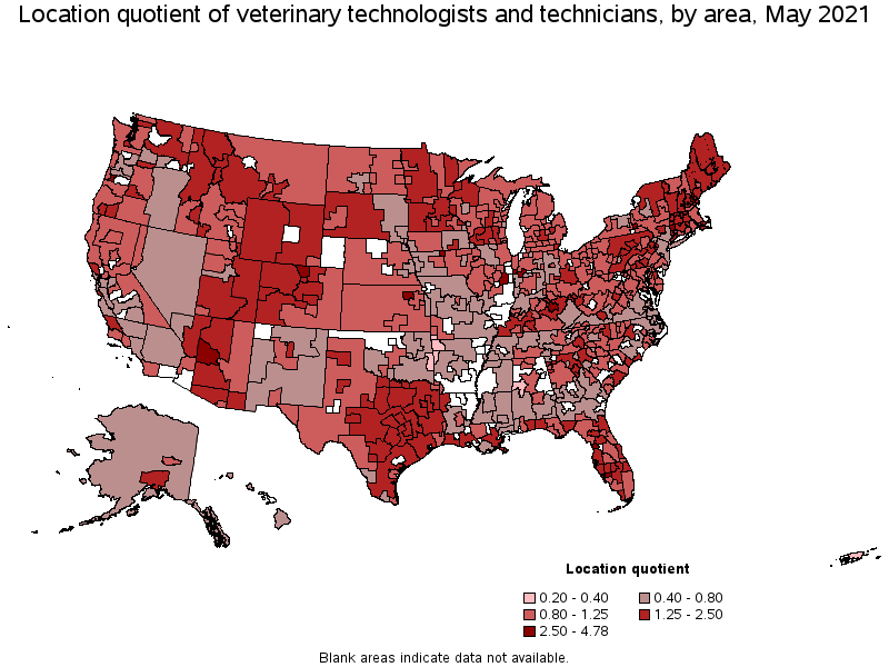 Map of location quotient of veterinary technologists and technicians by area, May 2021