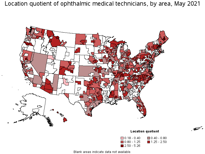 Map of location quotient of ophthalmic medical technicians by area, May 2021