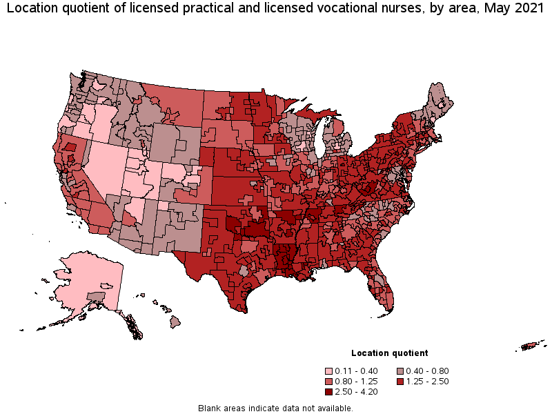 Map of location quotient of licensed practical and licensed vocational nurses by area, May 2021
