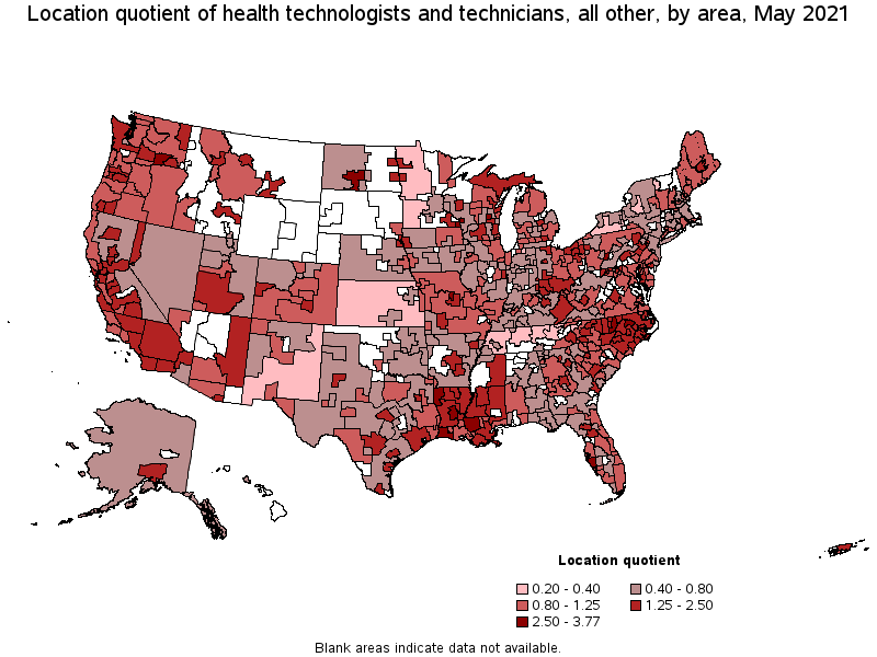Map of location quotient of health technologists and technicians, all other by area, May 2021