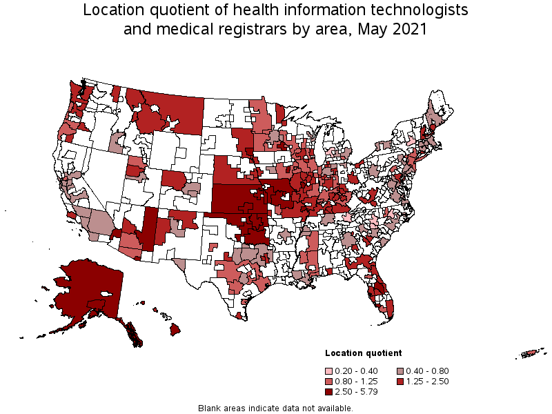 Map of location quotient of health information technologists and medical registrars by area, May 2021