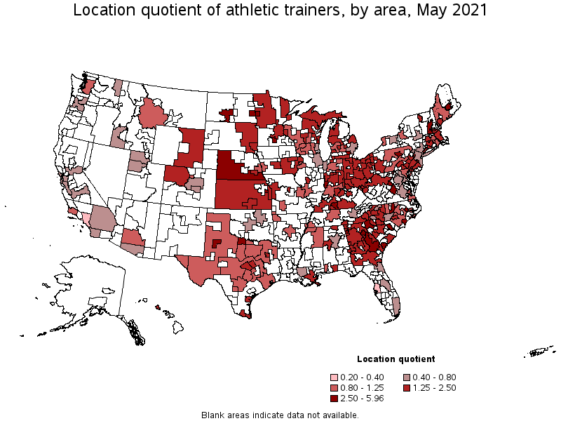 Map of location quotient of athletic trainers by area, May 2021