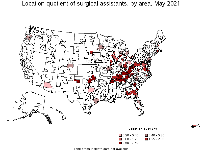 Map of location quotient of surgical assistants by area, May 2021