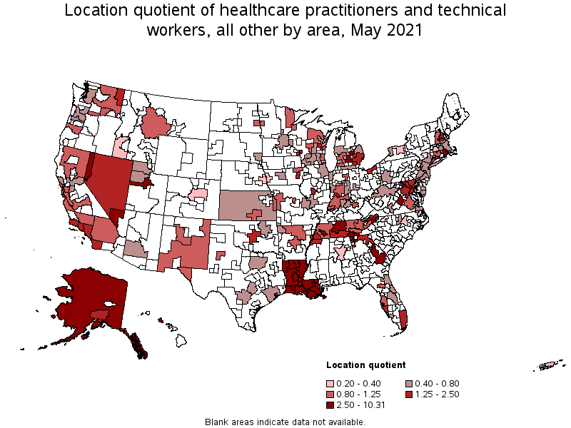 Map of location quotient of healthcare practitioners and technical workers, all other by area, May 2021