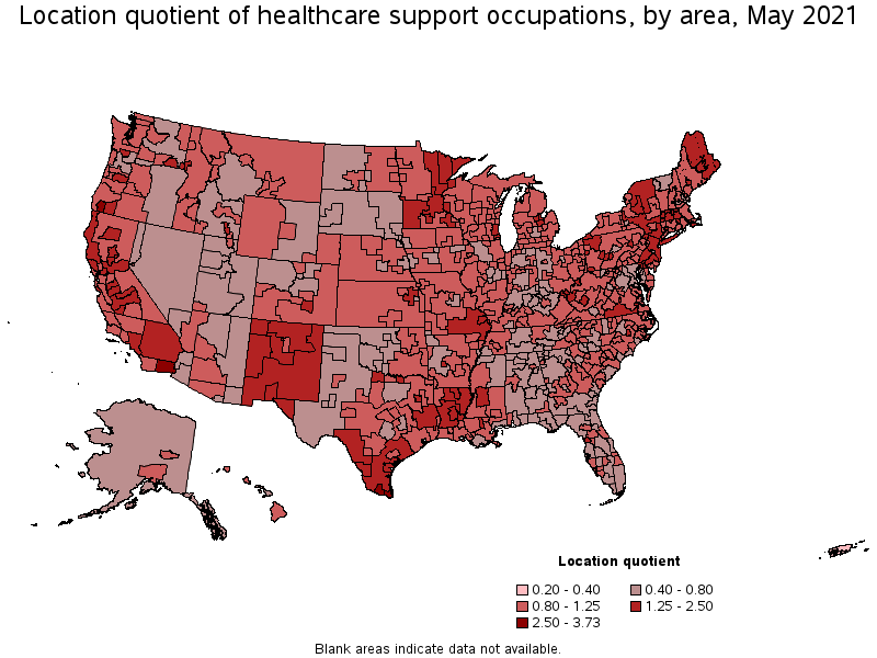 Map of location quotient of healthcare support occupations by area, May 2021