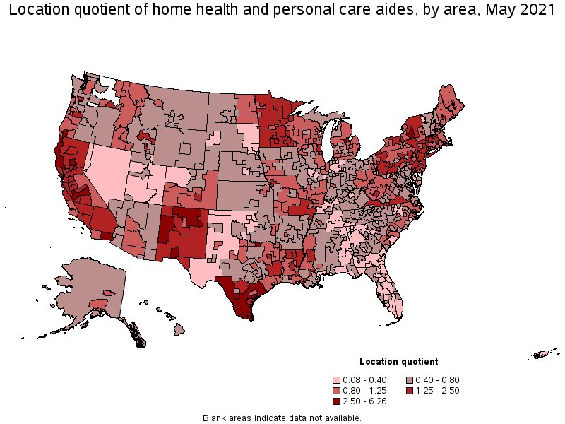 Map of location quotient of home health and personal care aides by area, May 2021
