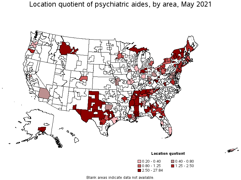Map of location quotient of psychiatric aides by area, May 2021