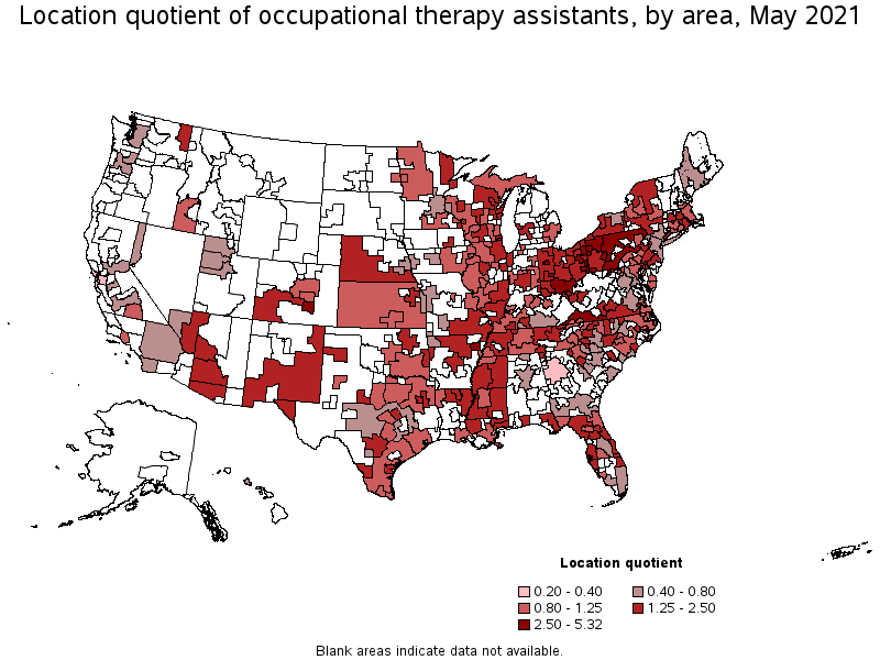 Map of location quotient of occupational therapy assistants by area, May 2021