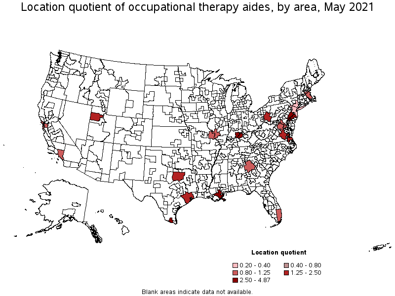 Map of location quotient of occupational therapy aides by area, May 2021