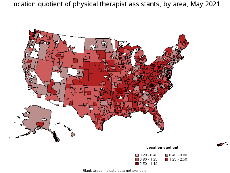 Map of location quotient of physical therapist assistants by area, May 2021