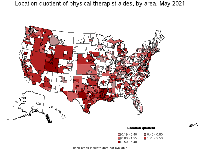 Map of location quotient of physical therapist aides by area, May 2021