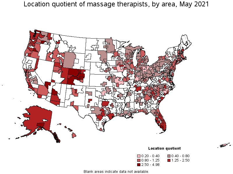 Map of location quotient of massage therapists by area, May 2021