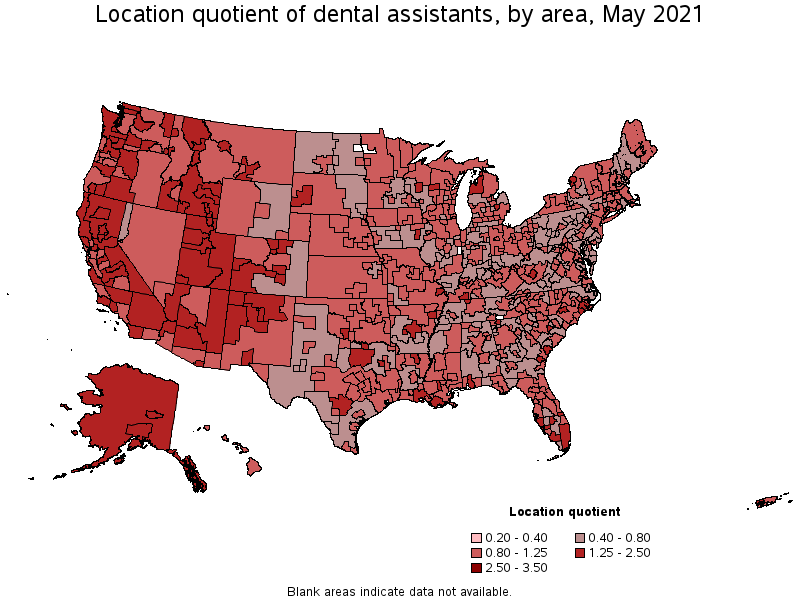 Map of location quotient of dental assistants by area, May 2021