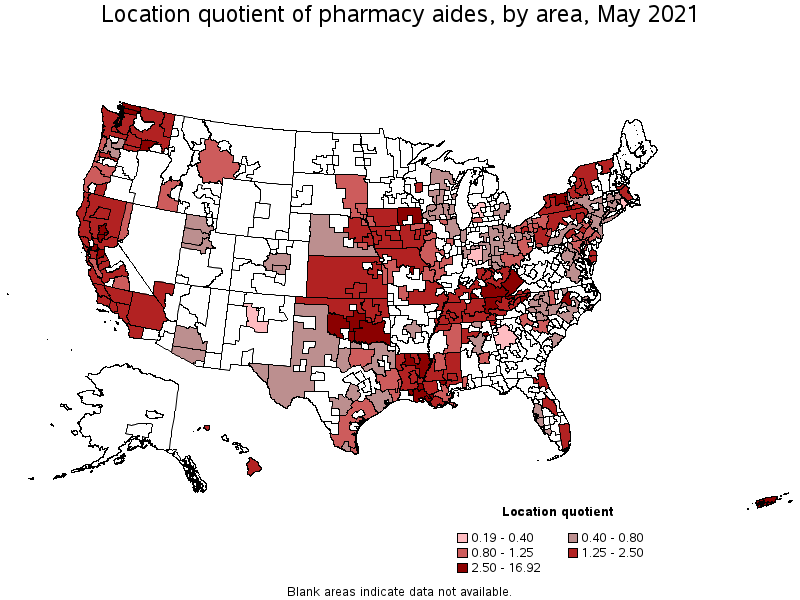 Map of location quotient of pharmacy aides by area, May 2021