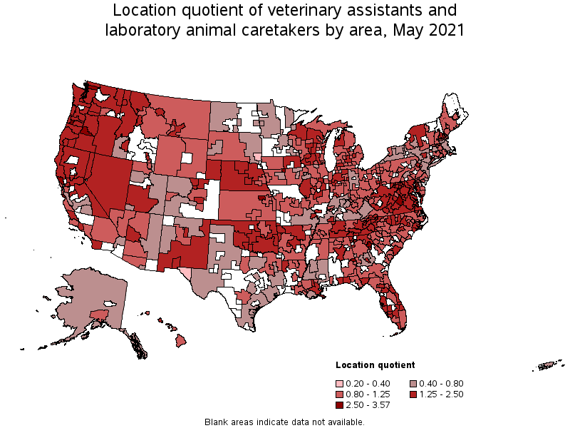 Map of location quotient of veterinary assistants and laboratory animal caretakers by area, May 2021