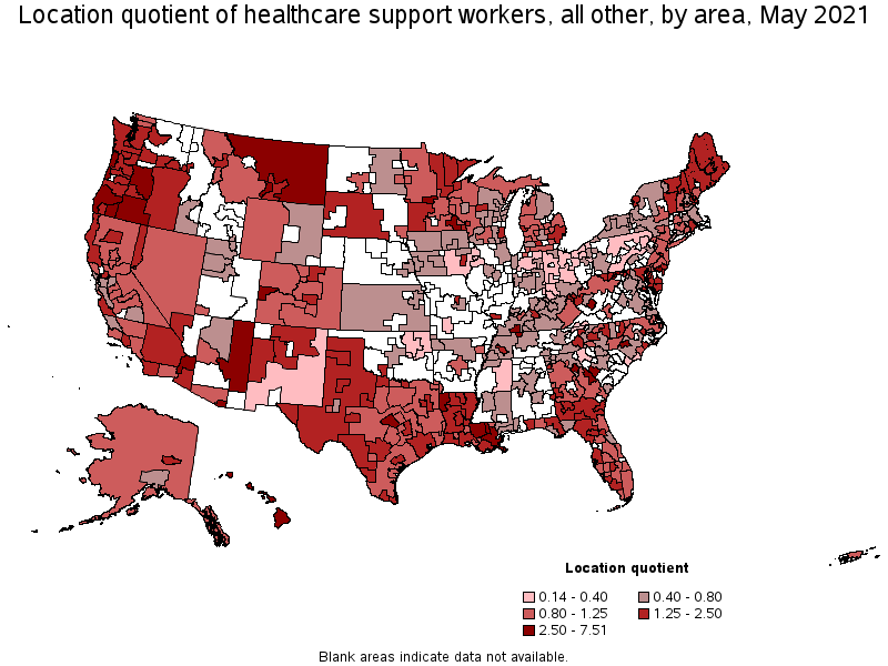 Map of location quotient of healthcare support workers, all other by area, May 2021