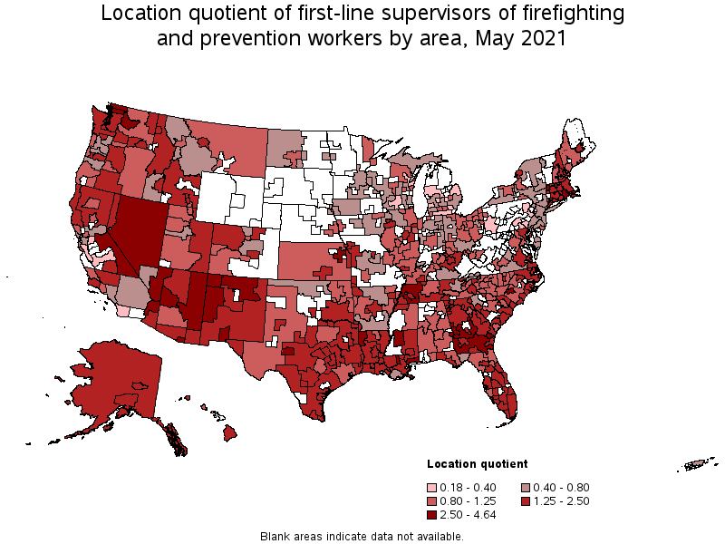 Map of location quotient of first-line supervisors of firefighting and prevention workers by area, May 2021