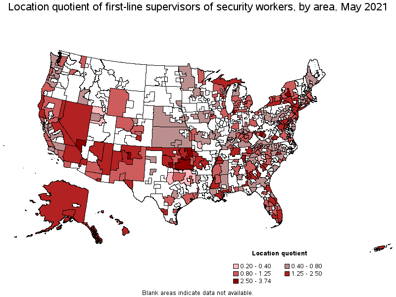 Map of location quotient of first-line supervisors of security workers by area, May 2021