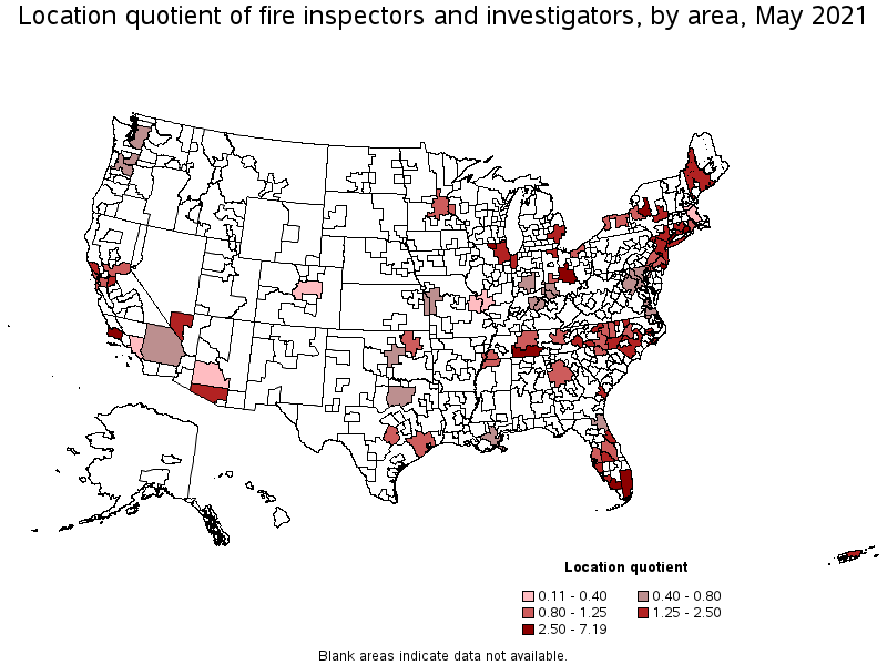 Map of location quotient of fire inspectors and investigators by area, May 2021