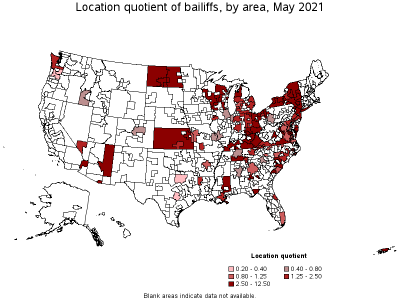 Map of location quotient of bailiffs by area, May 2021