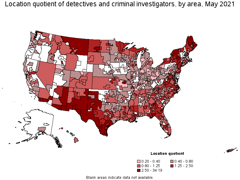 Map of location quotient of detectives and criminal investigators by area, May 2021