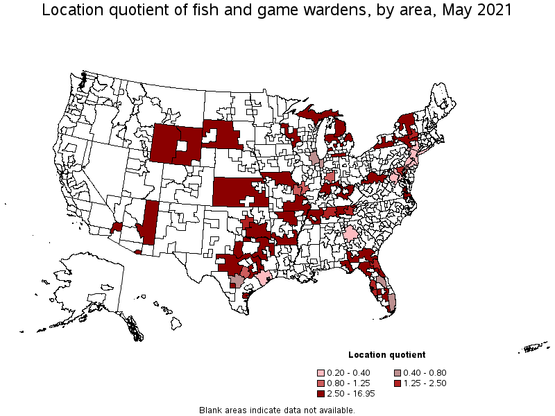 Map of location quotient of fish and game wardens by area, May 2021