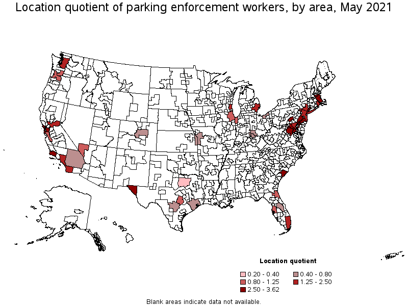 Map of location quotient of parking enforcement workers by area, May 2021