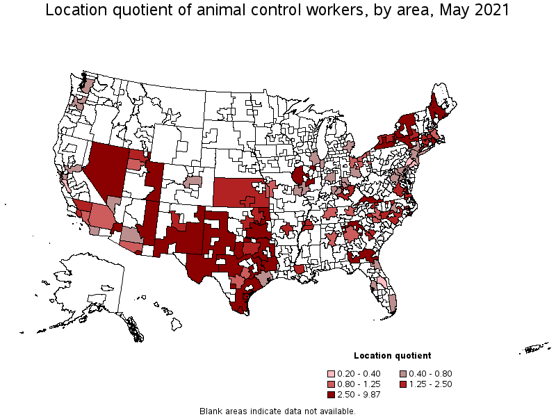 Map of location quotient of animal control workers by area, May 2021