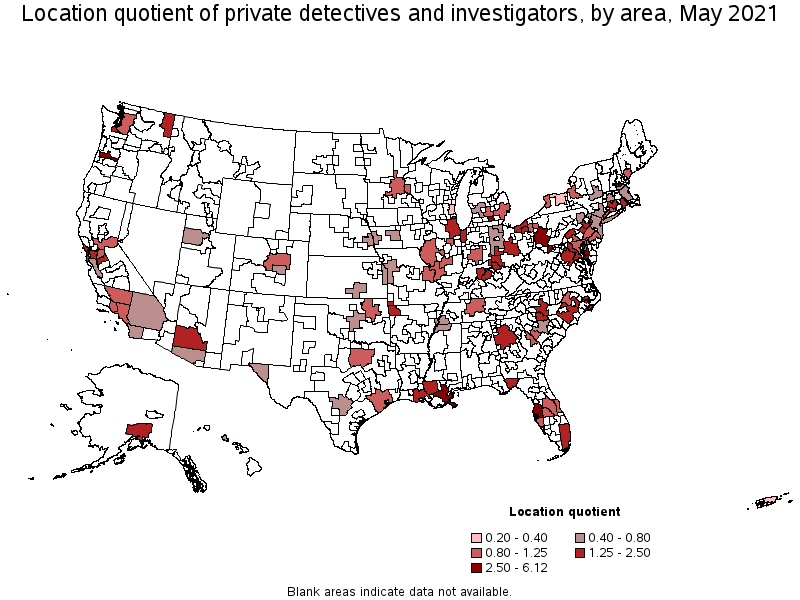 Map of location quotient of private detectives and investigators by area, May 2021