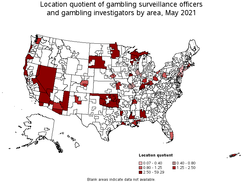Map of location quotient of gambling surveillance officers and gambling investigators by area, May 2021